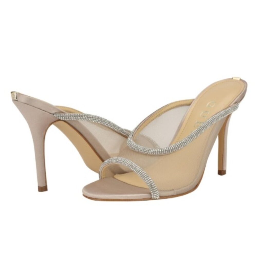 GUESS Mansa Silver Rhinestone Mule Heels – Peep Toe, Slip-On, Size 6